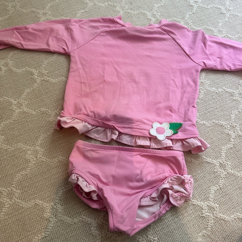 Florence Eiseman Pink Swim Rashguard Set with Flower Accent